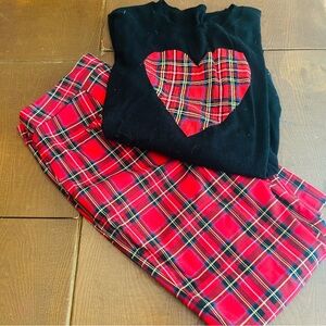 J Crew- Black Long Sleeve Sweater with Tartan Plaid Heart, Size Large